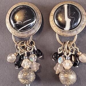 Vintage Pierced Dangle Earrings Black White Beads Silver Tone Drop 1.83"